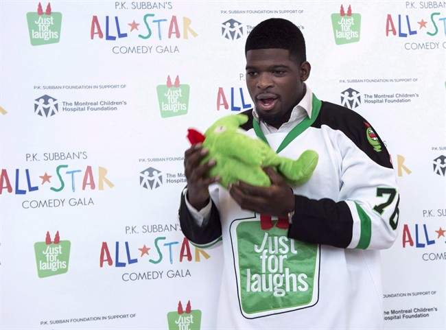 Nashville Predators defenceman P.K. Subban hams it up with a stuffed mascot during a news conference in advance of the P.K. Subban All-Star Comedy Gala, Monday, August 1, 2016 in Montreal.