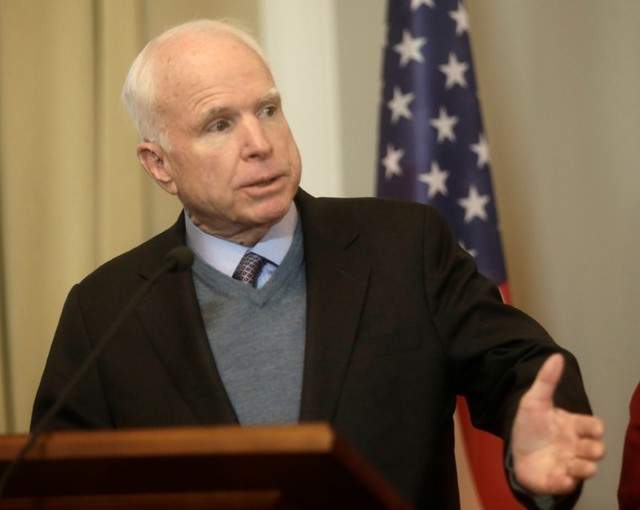 U.S. Senator John McCain speaks during a news conference in Riga, Latvia, December 28, 2016.