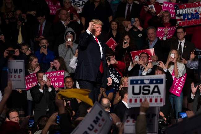 President-elect Donald Trump arrives for a rally in Hershey, Pa., Thursday, Dec. 15, 2016.