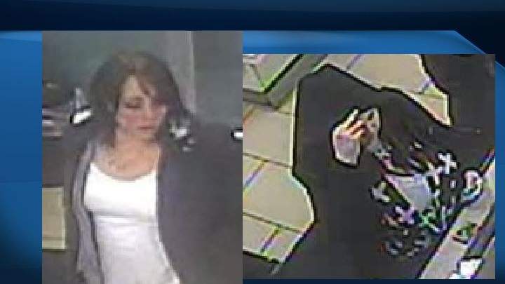 Still images taken from CCTV footage show two people suspected of stealing a purse from a Calgary pub on Dec. 2, 2016.