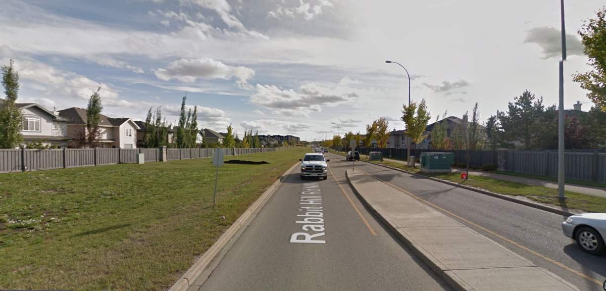 A stretch of Rabbit Hill Road  just south of Terwillegar Boulevard/MacTaggart Drive. 