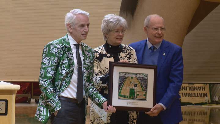 (L-R) University of Saskatchewan president Peter Stoicheff, Jane Graham and Ron Graham. The Graham’s have donated $4 million towards the construction of Merlis Belsher Place at the university.