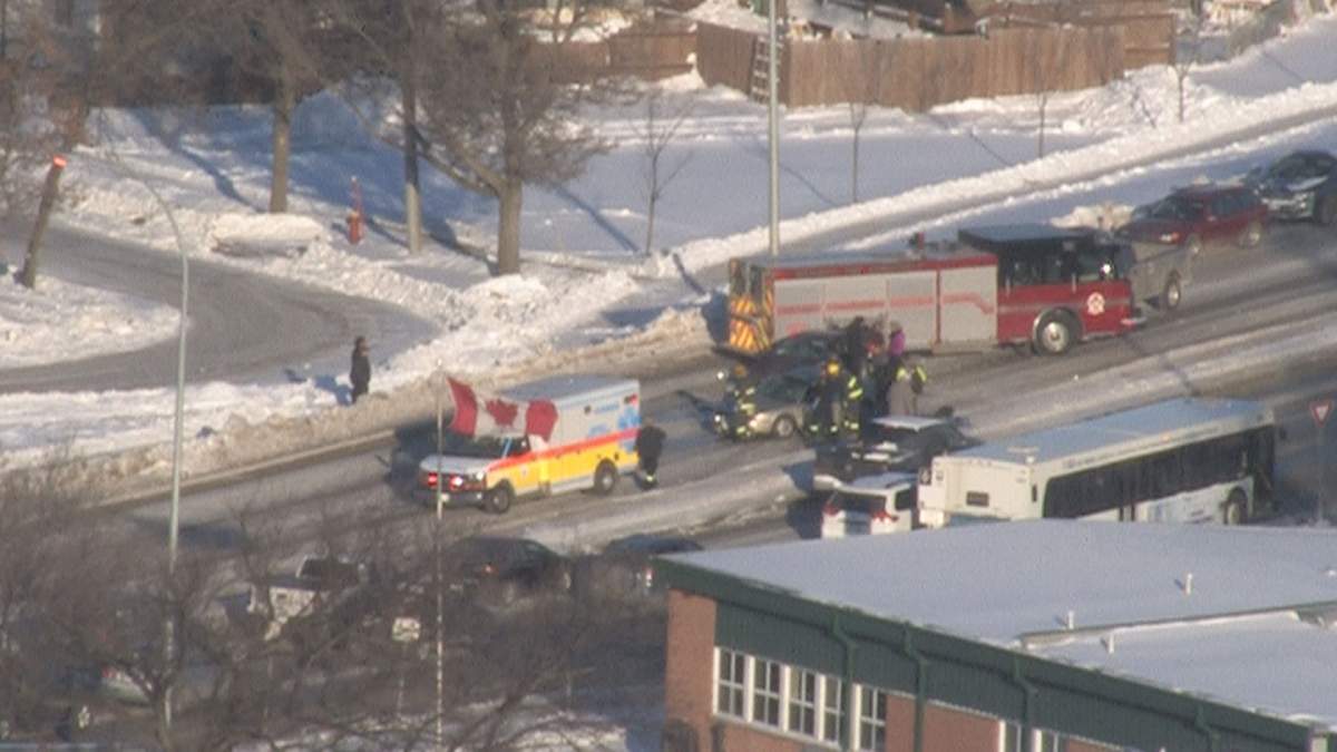 The view from the roof cam at 201 Portage Avenue shows what appears to be two vehicles involved in a serious crash.