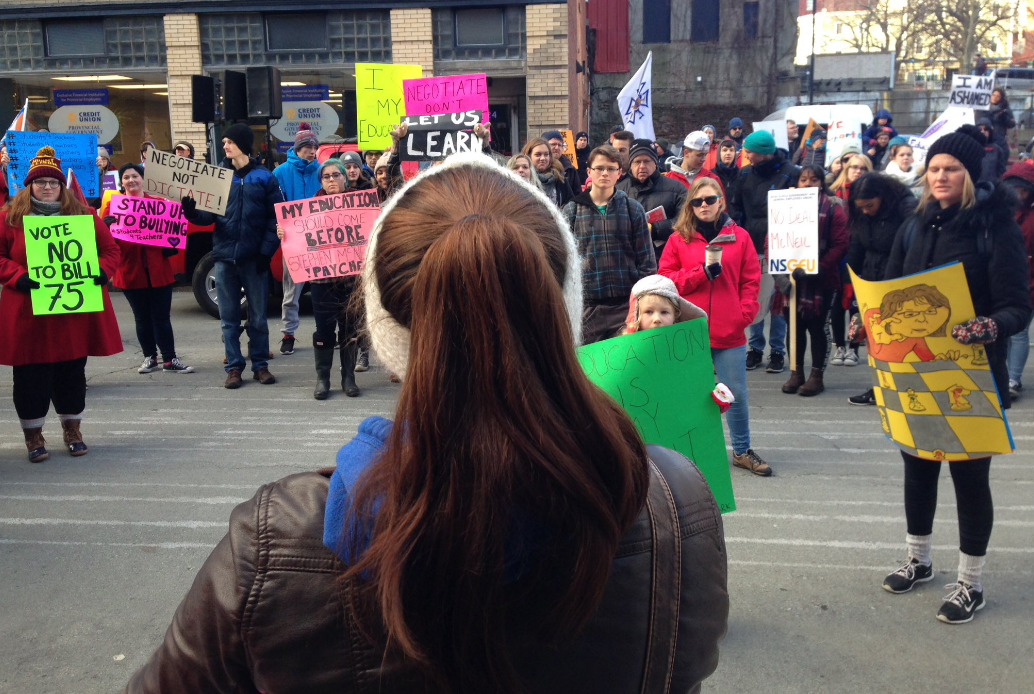 Students rally outside the Nova Scotia Legislature Monday morning in support of teachers amidst ongoing labour dispute. 