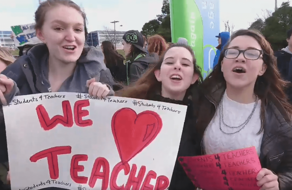 Students shout out slogans in support of their teachers on Friday, Dec. 2, 2016. Students from more than 100 schools across Nova Scotia walked out of class "in protest of Nova Scotia's provincial government's actions surrounding the ongoing teachers' dispute.".