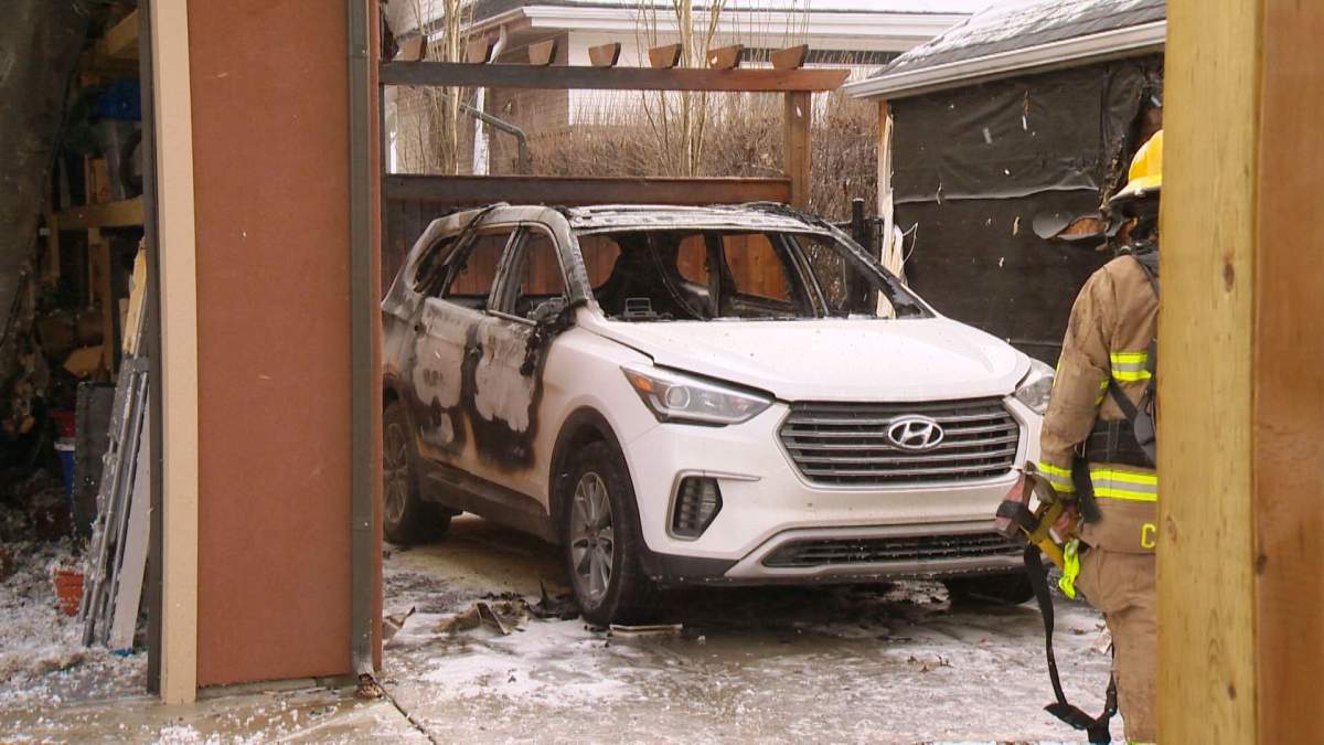 Firefighters respond to a vehicle fire in an alley on 7 Street S.W. between 26 Avenue and 28 Avenue S.W.