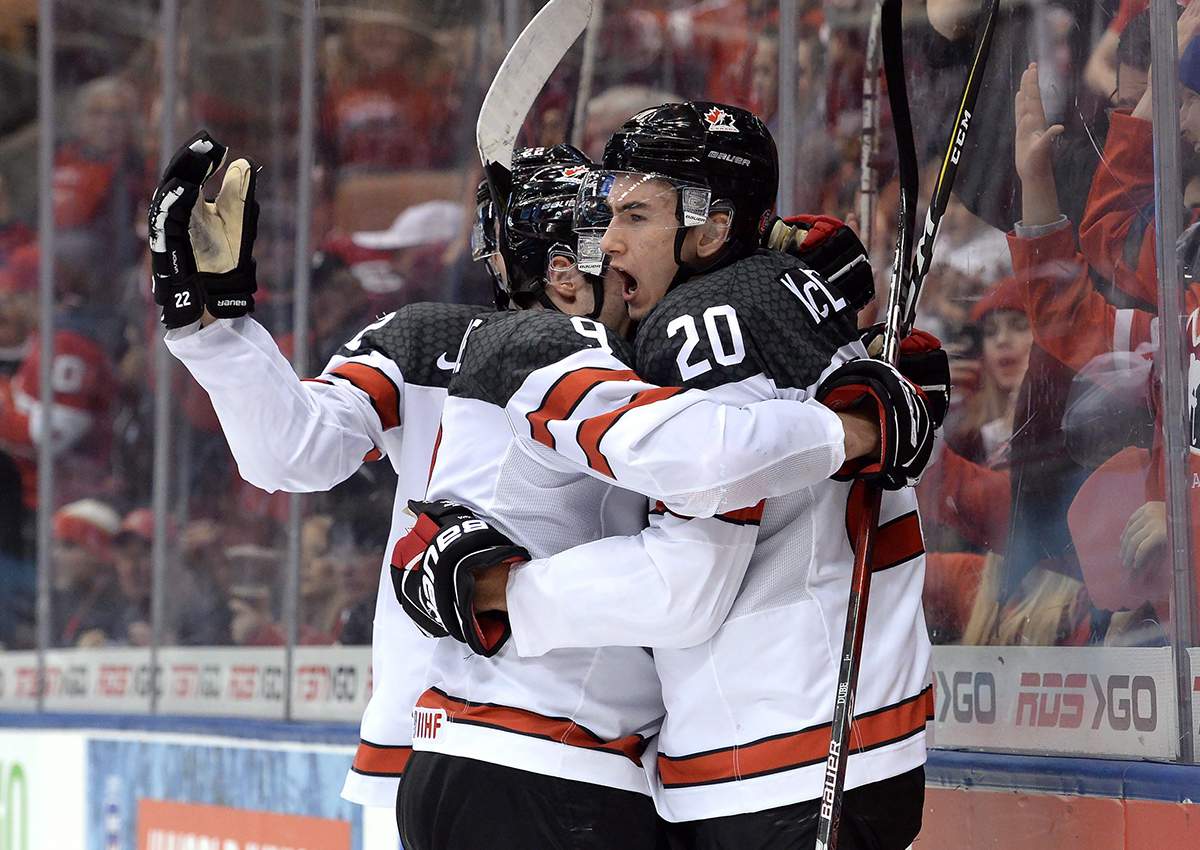 Canada forward Michael McLeod (20) celebrates his goal with teammates during third period IIHF World Junior Championships hockey action against Slovakia, in Toronto on Tuesday, December 27, 2016. 