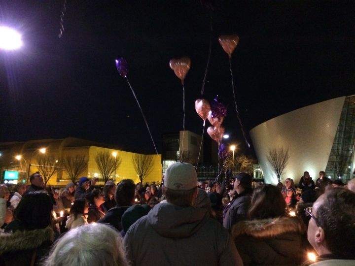 Balloons were released near the end of the vigil in remembrance of Rachael Longridge.