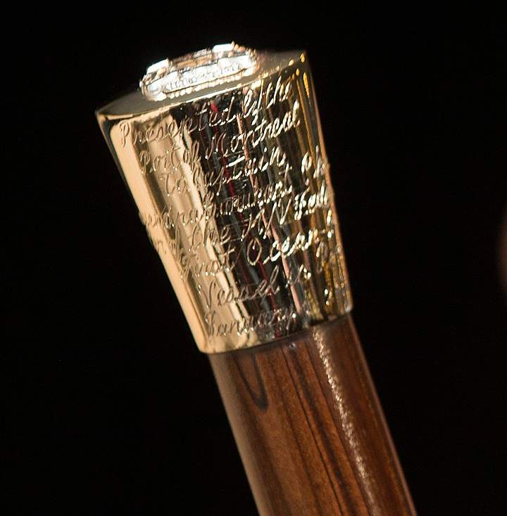 In this file photo the Gold-Headed Cane is shown. The cane is awarded to the captain of the first vessel to enter the Port of Montreal without a stopover. Sunday, Jan. 1, 2017.