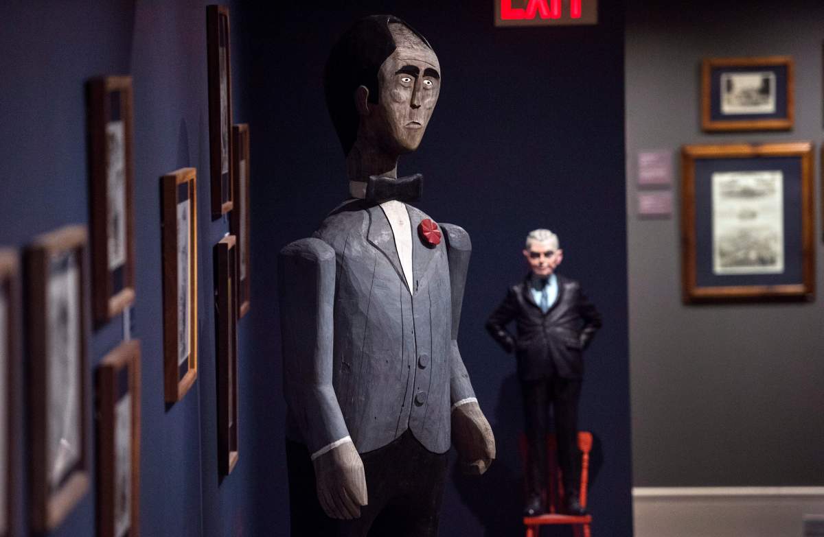 A life-size carving of former Prime Minister Pierre Trudeau by artist Walter Cook is pictured in the exhibit "Confederation - 150 Years: 23 Prime Ministers" at the Art Gallery of Nova Scotia in Halifax on Monday, January 23, 2017. 