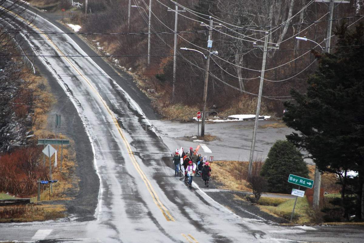 A small group of men and women march down a road in Sandy Cove, N.S. in solidarity with the Women’s March on Washington on Saturday, Jan. 21, 2017. (Photo: Gary Wilson/Facebook)