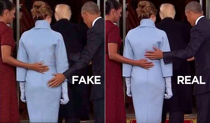 A photo (right) of Barack Obama was doctored to change the position of his hand (left).