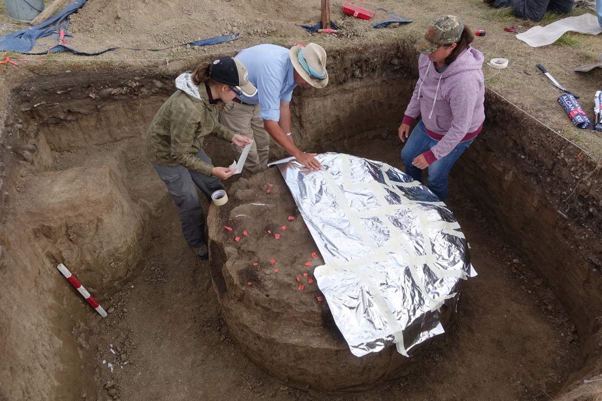 Royal Alberta Museum archaeologists dug up a 1,600-year-old roasting pit at Head-Smashed-In-Buffalo Jump in southern Alberta. This photo shows the preservation of the pit and plaster jacketing being started. 