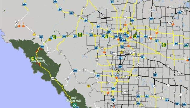 A map showing road conditions in central Alberta at around 4:30 p.m. on Jan. 5, 2017.