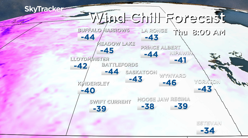 Extreme cold wind chill values return across Saskatchewan Thursday morning.