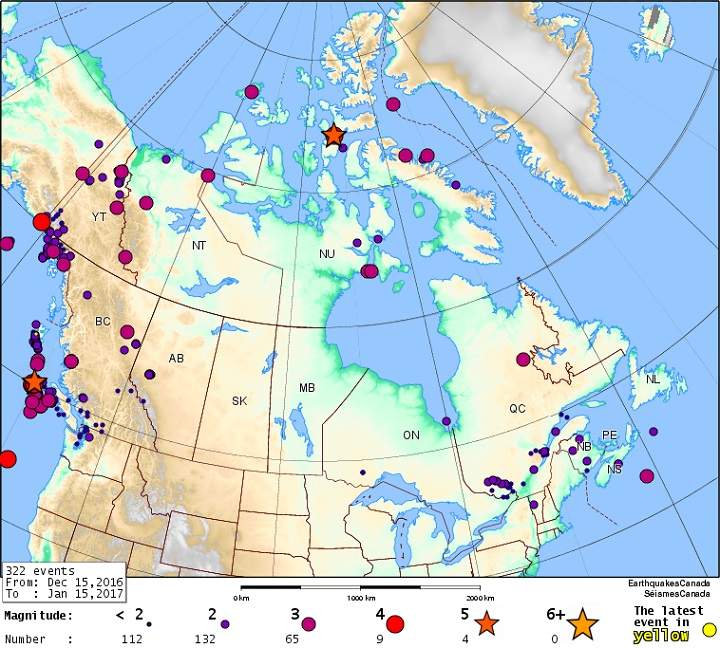 A map showing all the earthquakes to strike Canada over a month-long period – Dec. 15, 2016 to Jan. 15, 2017.