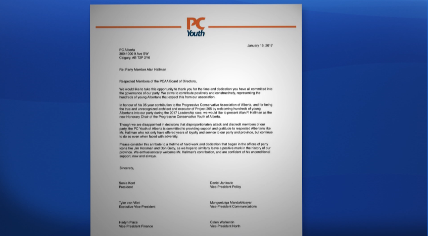 Majority sign letter in support of Alan Hallman as Honorary Chair of the PCYA board.