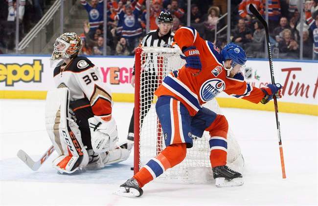 Edmonton Oilers' Leon Draisaitl (29) celebrates a goal against the Anaheim Ducks goalie John Gibson (36) during extra time NHL action in Edmonton, Alta., on Saturday, December 3, 2016. Draisaitl couldn't get enough of the National Hockey League when he first came to North America.