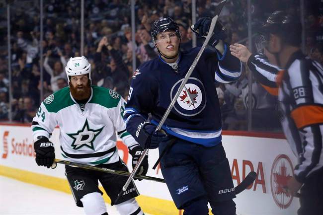 Winnipeg Jets' Patrik Laine celebrates his second goal of the night against the Dallas Stars during a game at MTS Centre on Nov. 8, 2016. 