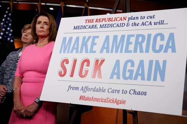 House Minority Leader Nancy Pelosi of Calif., and Sen. Tammy Baldwin, D-Wis. listens during a news conference on President Barack Obama's signature healthcare law, Wednesday, Jan. 4, 2017, on Capitol Hill in Washington. U.S. House Republicans are moving forward with plans to repeal Obamacare.
