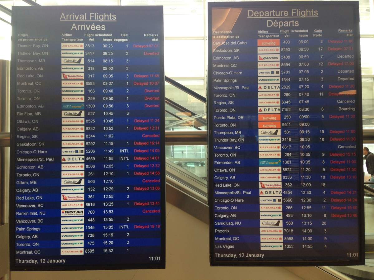 The poor weather is causing major delays at the Winnipeg James Armstrong Richardson International Airport  Thursday morning/.