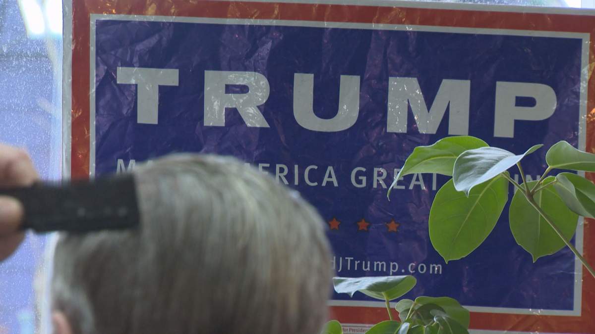 This Donald Trump 2016 political campaign sign, pictured on Jan. 20, 2017, is against a window at Bennett's Barbershop in Halifax.