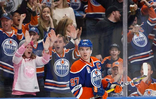 Edmonton Oilers' Connor McDavid (97) reacts to his overtime goal against the Florida Panthers in NHL action in Edmonton, Alta., on Wednesday January 18, 2017.