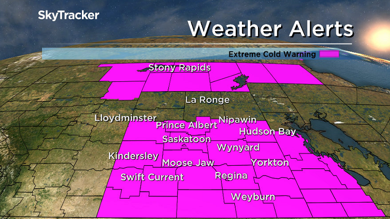 Extreme cold warning issued for Saskatoon, central and southern Saskatchewan for wind chills of -40 or colder into Wednesday, January 10, 2017.