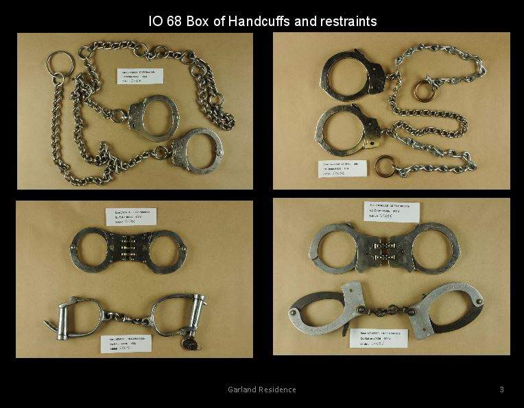 Handcuffs seized from Garland’s property, referenced in testimony Jan. 25, 2017 at Douglas Garland’s murder trial.