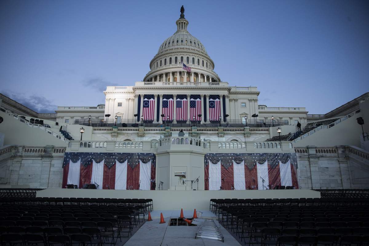 The ceremonial construction and preparations on the West Front of the U.S. Capitol near completion just days before the 58th Inauguration Ceremony where President-elect Donald Trump will be sworn into office in Washington, USA on January 18, 2017. 
