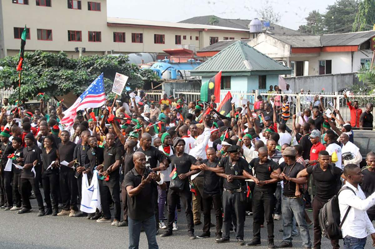 Supporters of the Indigenous People of Biafra (IPOB) march in Port Harcourt on January 20, 2017 in support of the US president-elect.