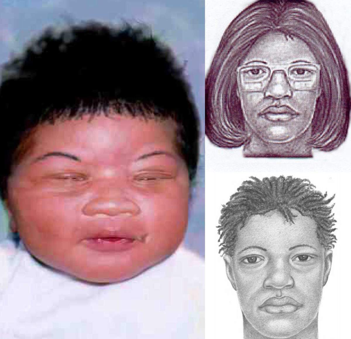 This composite image made available by the Jacksonville Sheriff’s Office in Jacksonville, Fla., shows a photo of Kamiyah Mobley, an infant baby girl who was kidnapped by a woman, seen in separate sketches first provided by police in 1998 during the initial search. On Friday, Jan. 13, 2017, Gloria Williams, of Walterboro, S.C., was charged with kidnapping the infant 18 years ago from a hospital in Florida, and interference with custody. (Jacksonville Sheriff’s Office via AP)