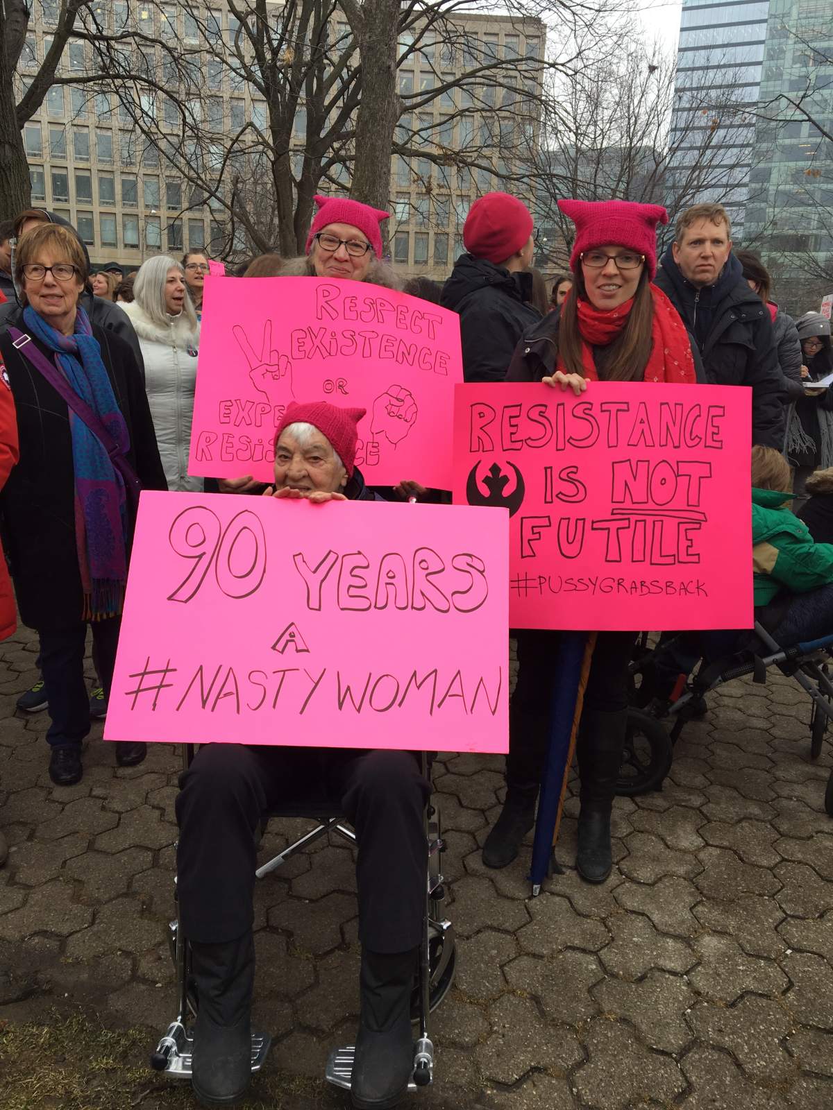 Dorothy Lloyd, a 90-year-old self professed feminist, is at Toronto’s Women’s March with her daughter Gillian and granddaughter Stephanie Sutherland.