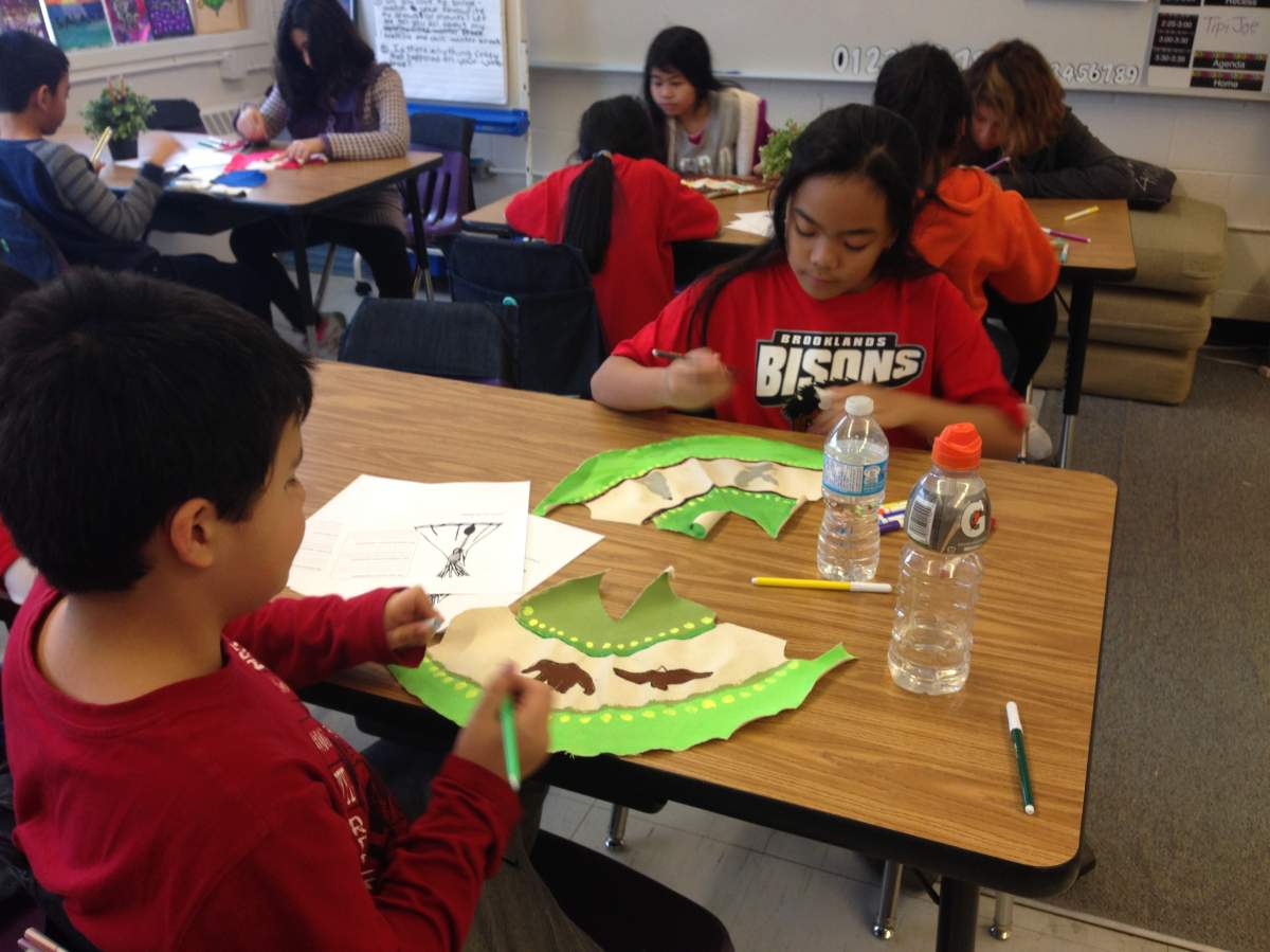 Grade four students work on assembling their tipis.