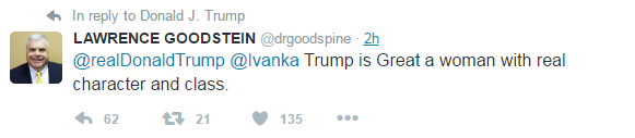 Twitter user Lawrence Goodstein tweeted this post at the wrong Ivanka, when he meant Ivanka Trump, on Jan. 16, 2017.