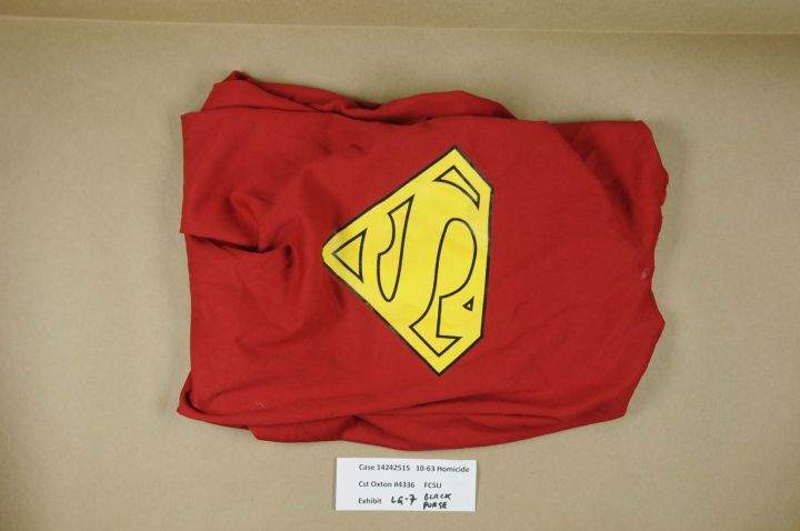 Nathan O’Brien’s Superman cape, presented as evidence during Douglas Garland’s murder trial Jan. 16, 2017.