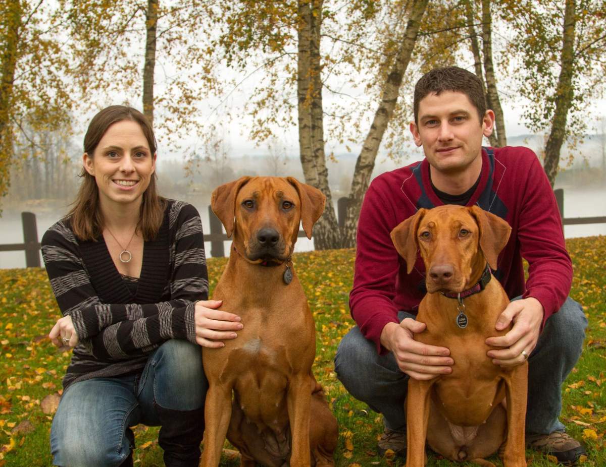 Luna and Safari with their owners, Hayley and Jon.