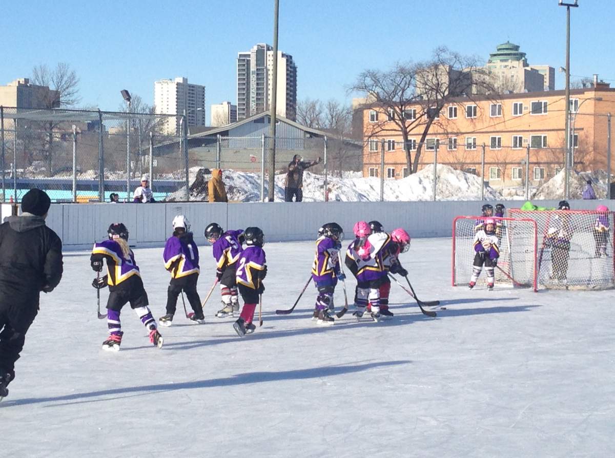 Five and six-year-old’s playing in the Shooting Stars hockey game Sunday.