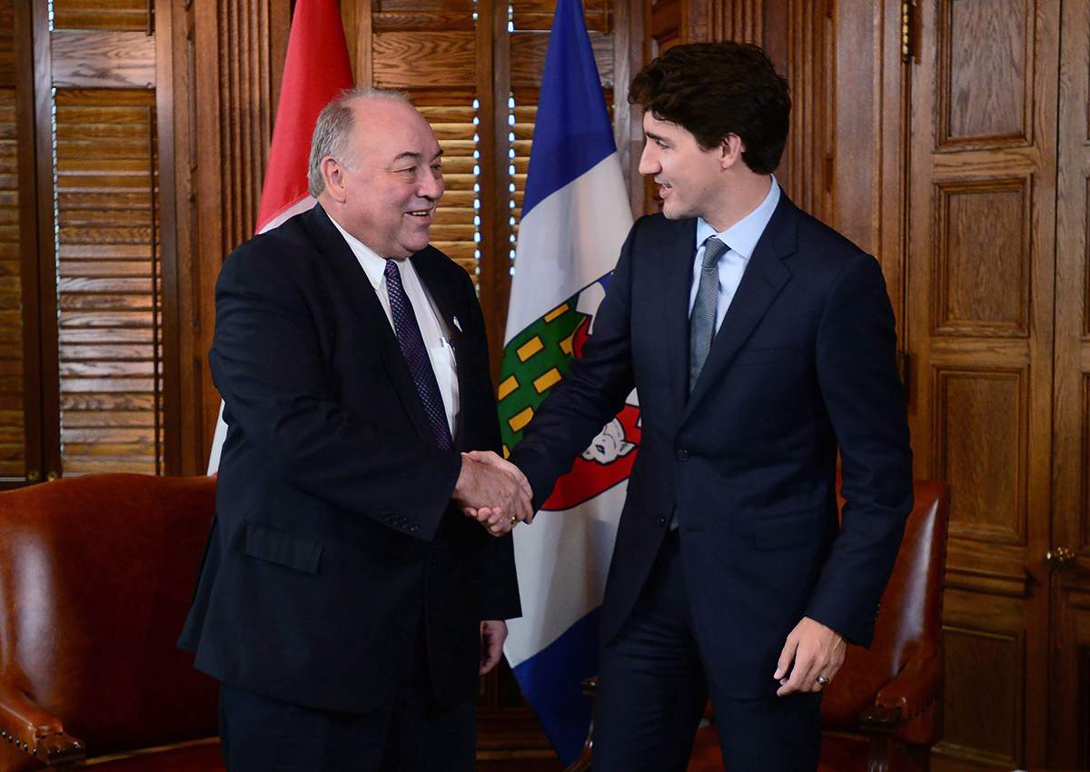 Prime Minister Justin Trudeau shakes hands with Bob McLeod, Premier of the Northwest Territories, in Ottawa on Tuesday, Nov. 22, 2016. 
