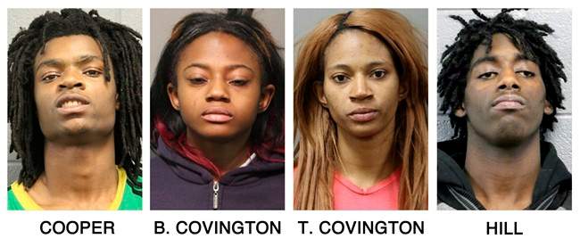 These booking photos provided by the Chicago Police Department show, from left, Tesfaye Cooper, Brittany Covington, Tanishia Covington and Jordan Hill, the four people charged, Thursday, Jan. 5, 2017.