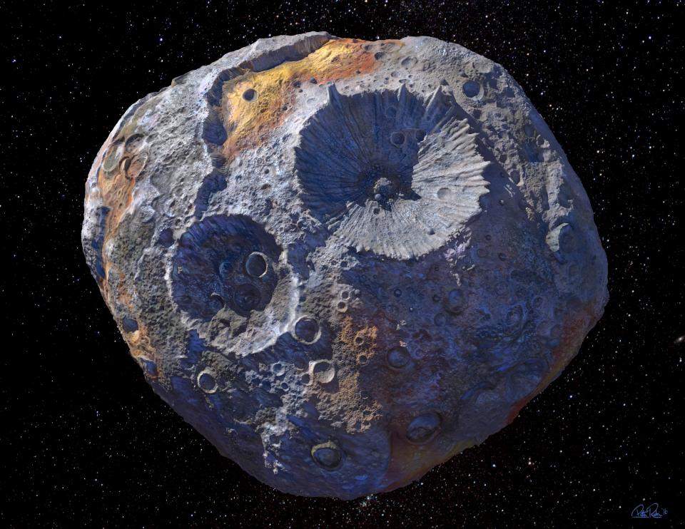 An artist’s rendering of 16 Psyche, an asteroid orbiting our sun between Mars and Jupiter. The actual body may look quite different.