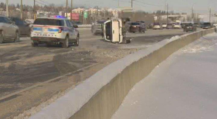 One of many rollovers on Calgary streets Jan. 2, 2016. This vehicle flipped over on Macleod Trail S.