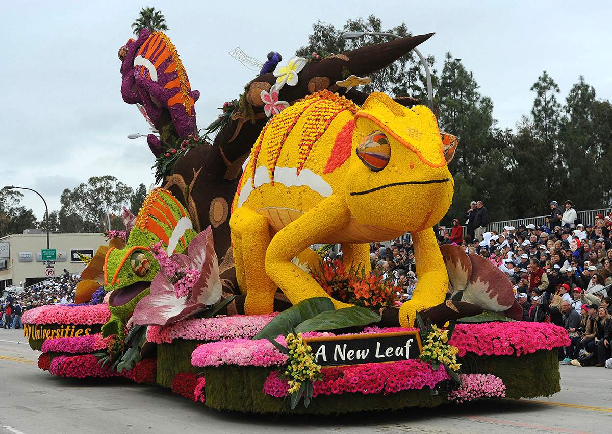 The Cal Poly Universities float, winner of the Founders’ Trophy for most beautiful float built and decorated by volunteers from a community or organization, rolls along the 128th Rose Parade in Pasadena, Calif., Monday, Jan. 2, 2017.