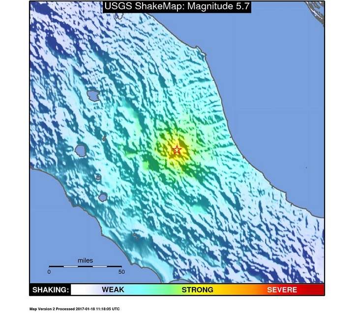 The U.S. Geological Survey said the three strongest earthquakes, with magnitudes of 5.3, 5.7 and 5.6, all struck in the space of an hour.