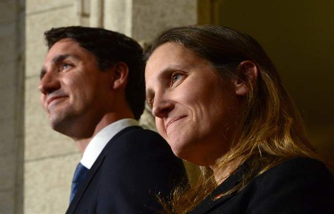Prime Minister Justin Trudeau talks alongside Chrystia Freeland at a press conference on Parliament Hill in Ottawa on Tuesday, Jan 10, 2017, after she was sworn in as Minister of Foreign Affairs during a cabinet shuffle at Rideau Hall.