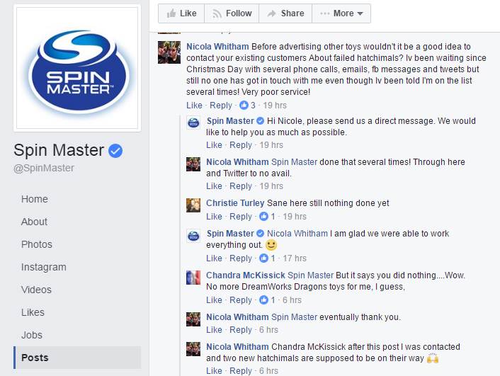 A look at some of the customer comments on Spin Master’s Facebook page on January 24, 2017. (Screenshot/Facebook)