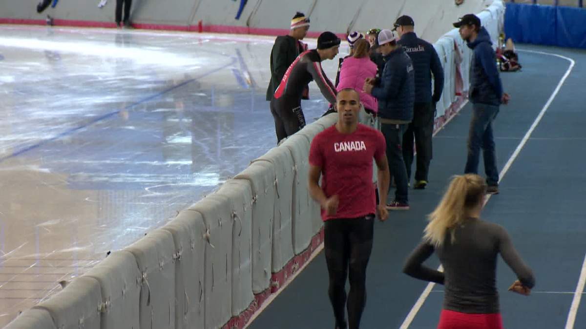 Decathlete Damian Warner training alongside Canada’s top speed skaters at the Olympic Oval in Calgary. (Jan/2017)