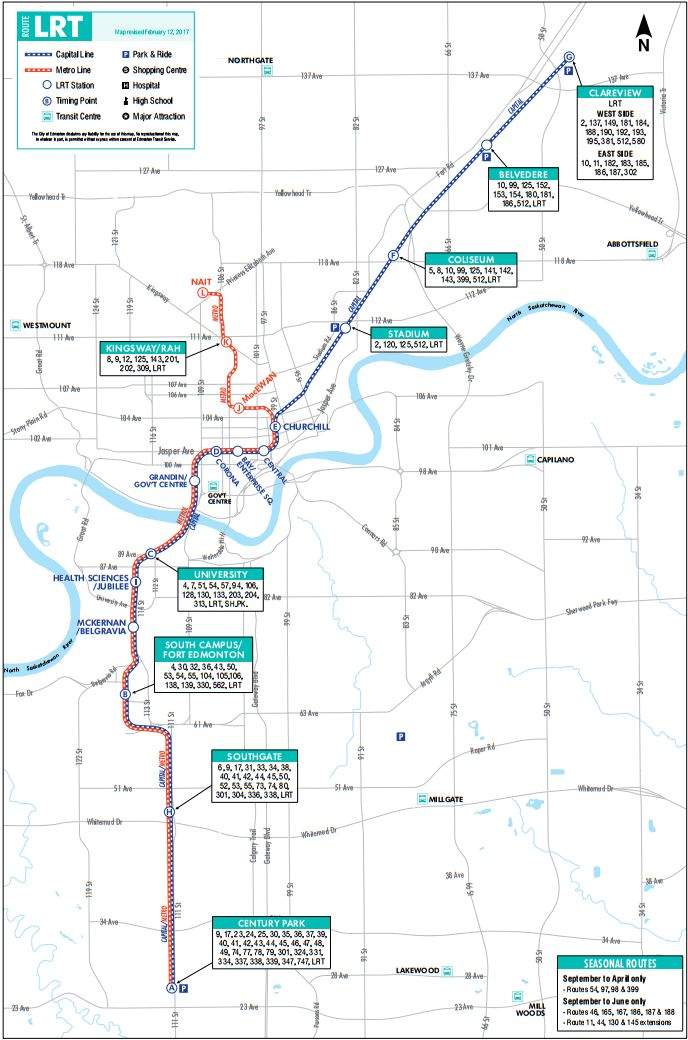 Edmonton\’s LRT system: The Capital Line and the Metro Line.