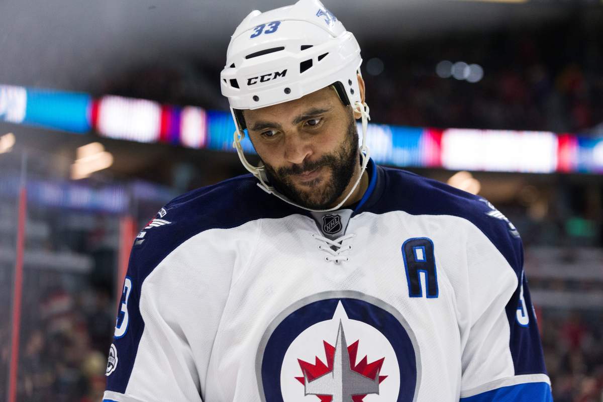 Winnipeg Jets defenseman Dustin Byfuglien (33) during an NHL game between Winnipeg Jets and Ottawa Senators at the Canadian Tire Centre in Ottawa, Ont.