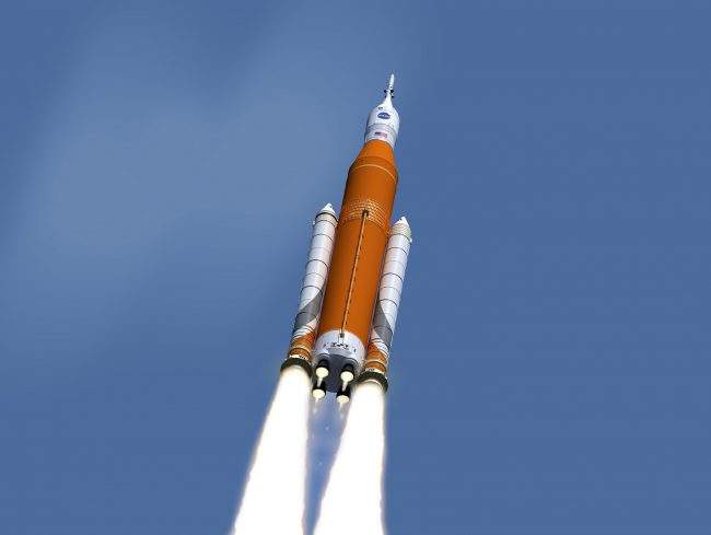 An artist's concept of the launch of the Space Launch System rocket and Orion capsule, provided by NASA on Feb. 15, 2017.